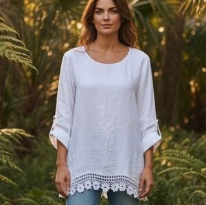 Made In Italy White Linen Blouse Crochet Trim Hi Lo Hem Cottagecore Peasant